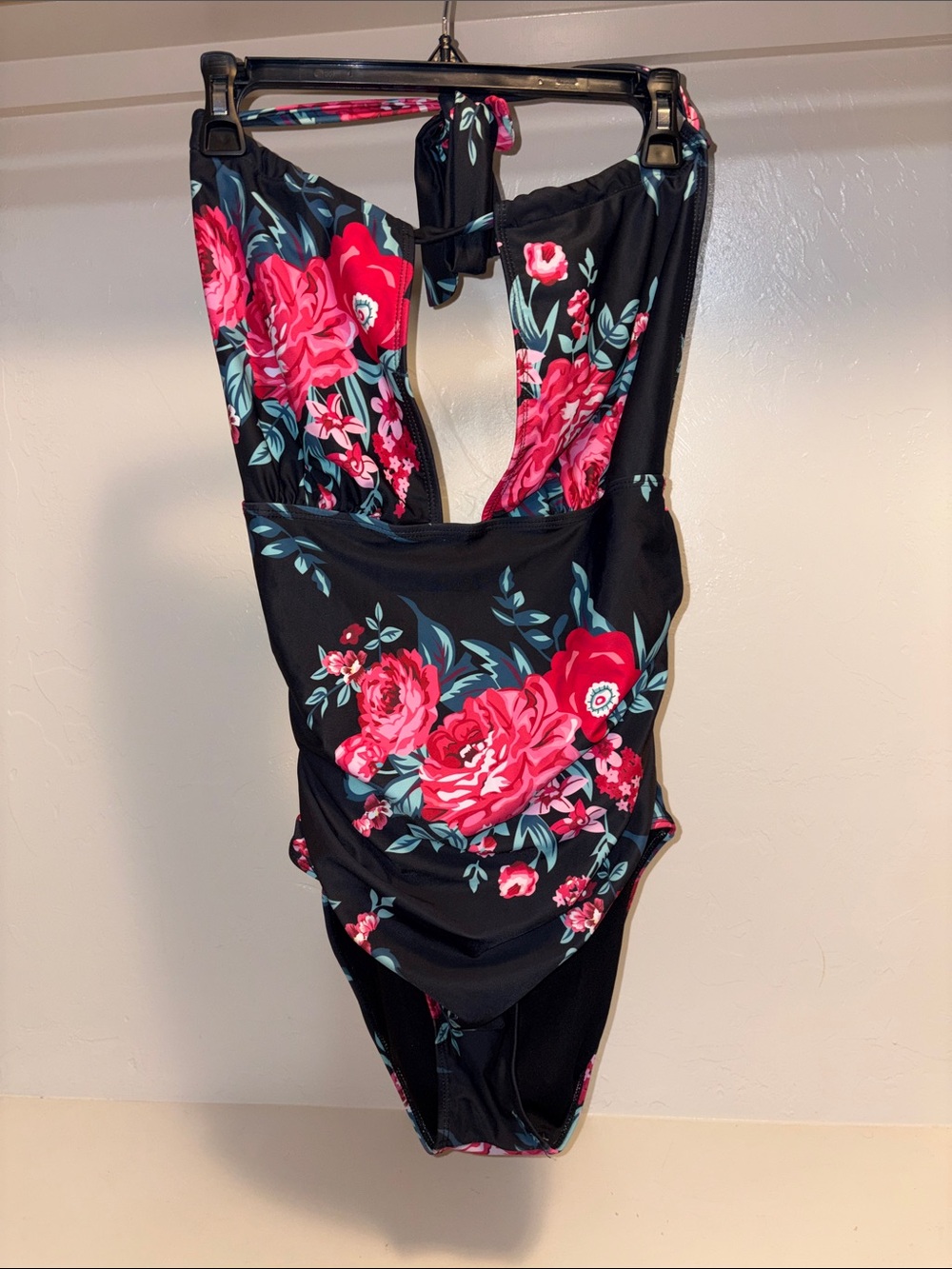 Black Floral One-Piece Swimsuit - Pink Rose Print